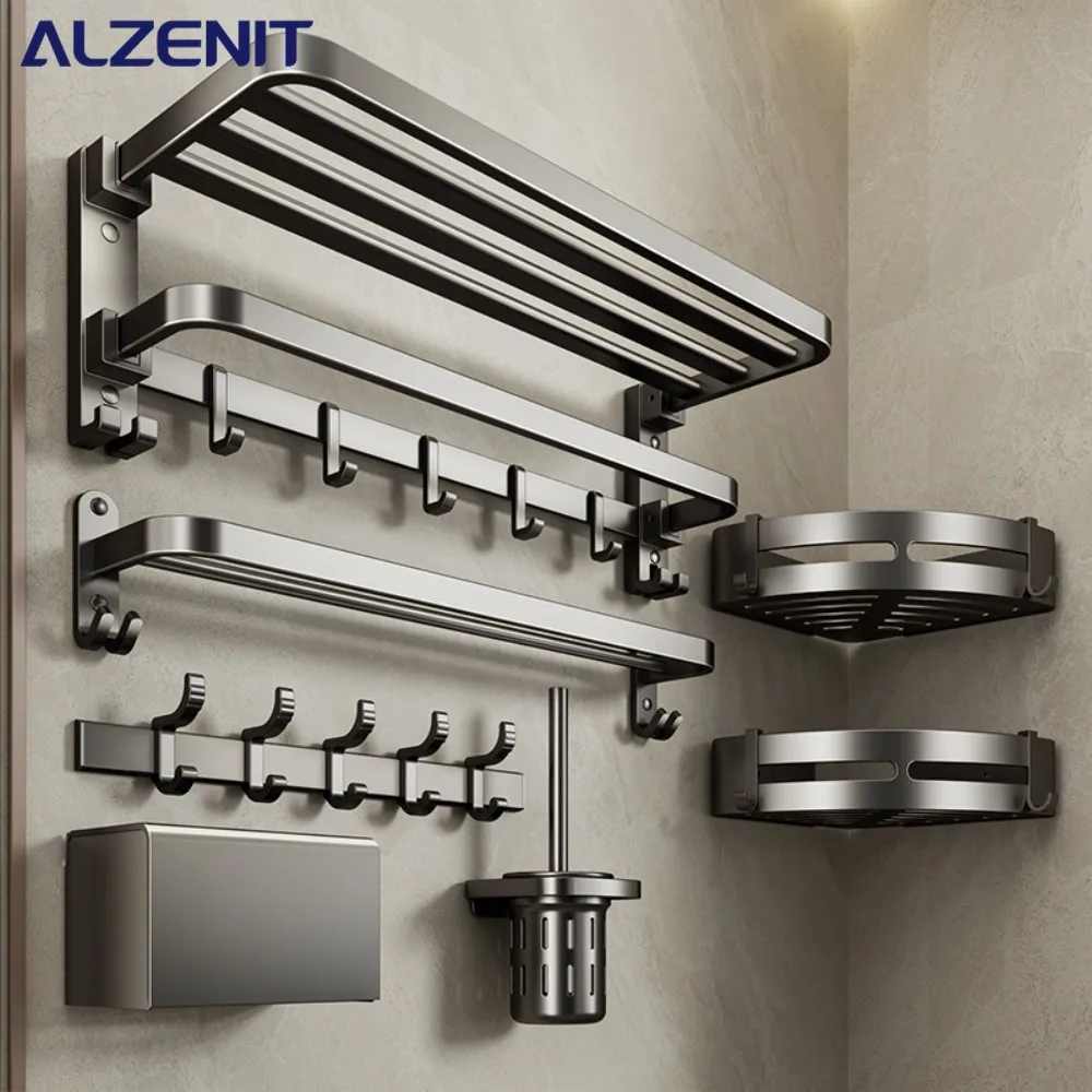Carbon Steel Foldable Towel Rack Gun Grey Bathroom Wall Mounted Tissue Box Organizer Drilling Installation Bath Accessories Set