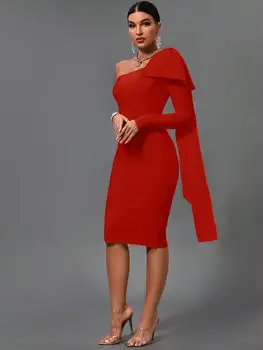 Bandage Dress Red Bodycon Dress Evening Party Elegant Sexy One Shoulder Birthday Club Outfit 5