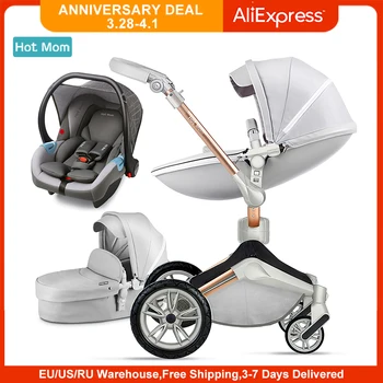Hot Mom Baby Stroller 3 in 1 travel system with bassinet and car seat，360° Rotation stroller for UK customers, F023 1