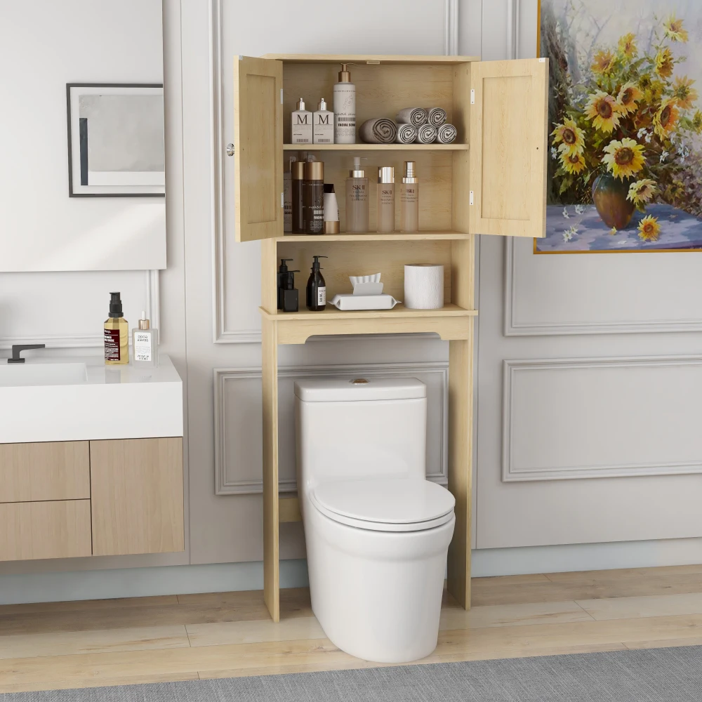 Over The Toilet  Cabinet, Bathroom Shelves Over Toilet with 2 Rattan Doors&Adjustable Shelves&Open  Shelf-Natural Wood 3