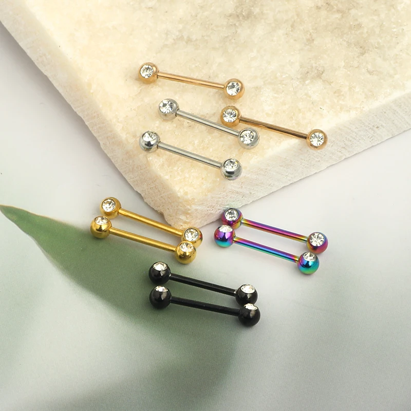wholesales straight barbell crystal tongue rings 14g nipple rings nipple piercing jewelry 16mm nipple bar shield body jewelry mi