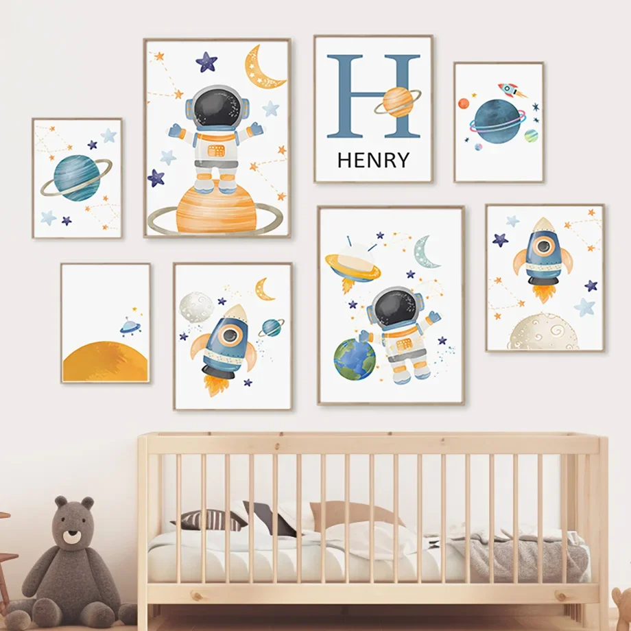 Rocket Astronauti Pianeta Spazio Esterno Nome Personalizzato Wall Art Canvas Painting Nordic Poster E Stampe Immagini Per La Decorazione Della Camera 