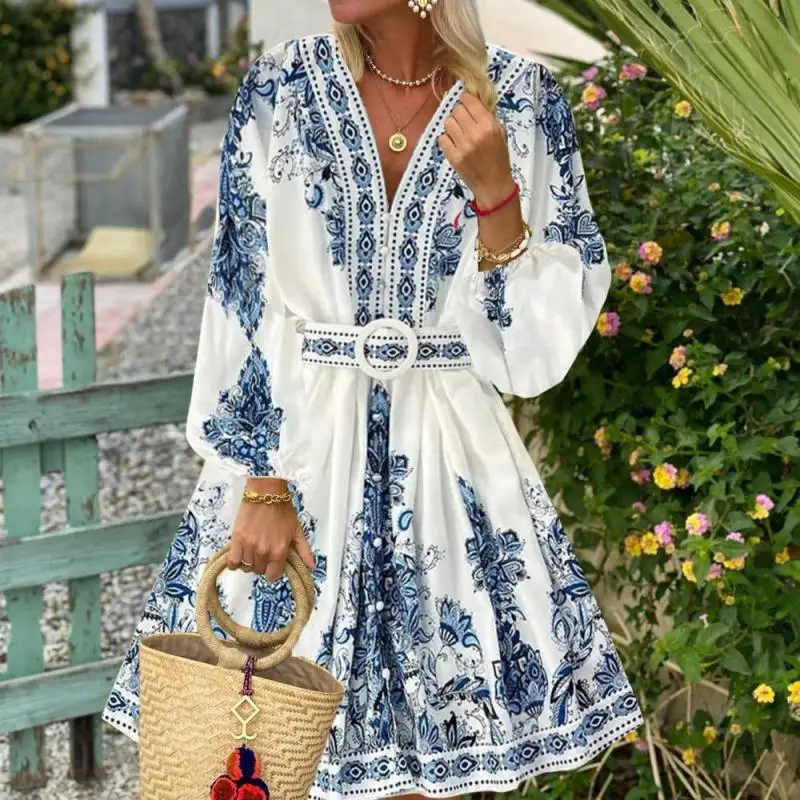 

Phantasy Bohemian Dress Long Sleeved V Neck Cintage Mini Dress Vacation Beach Outfit Loose Belted Floral Pattern Female Clothing