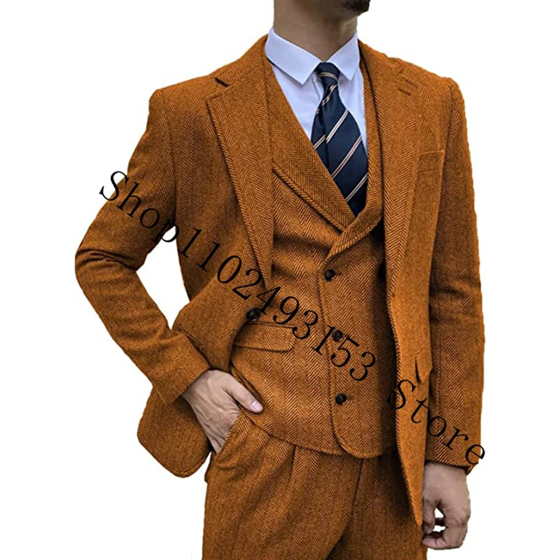 2023 Tailor Made Herringbone Pattern Men Suits For Wedding Notched Lapel 3 Pieces Groom Wear Wedding Tuxedos Costume Homme