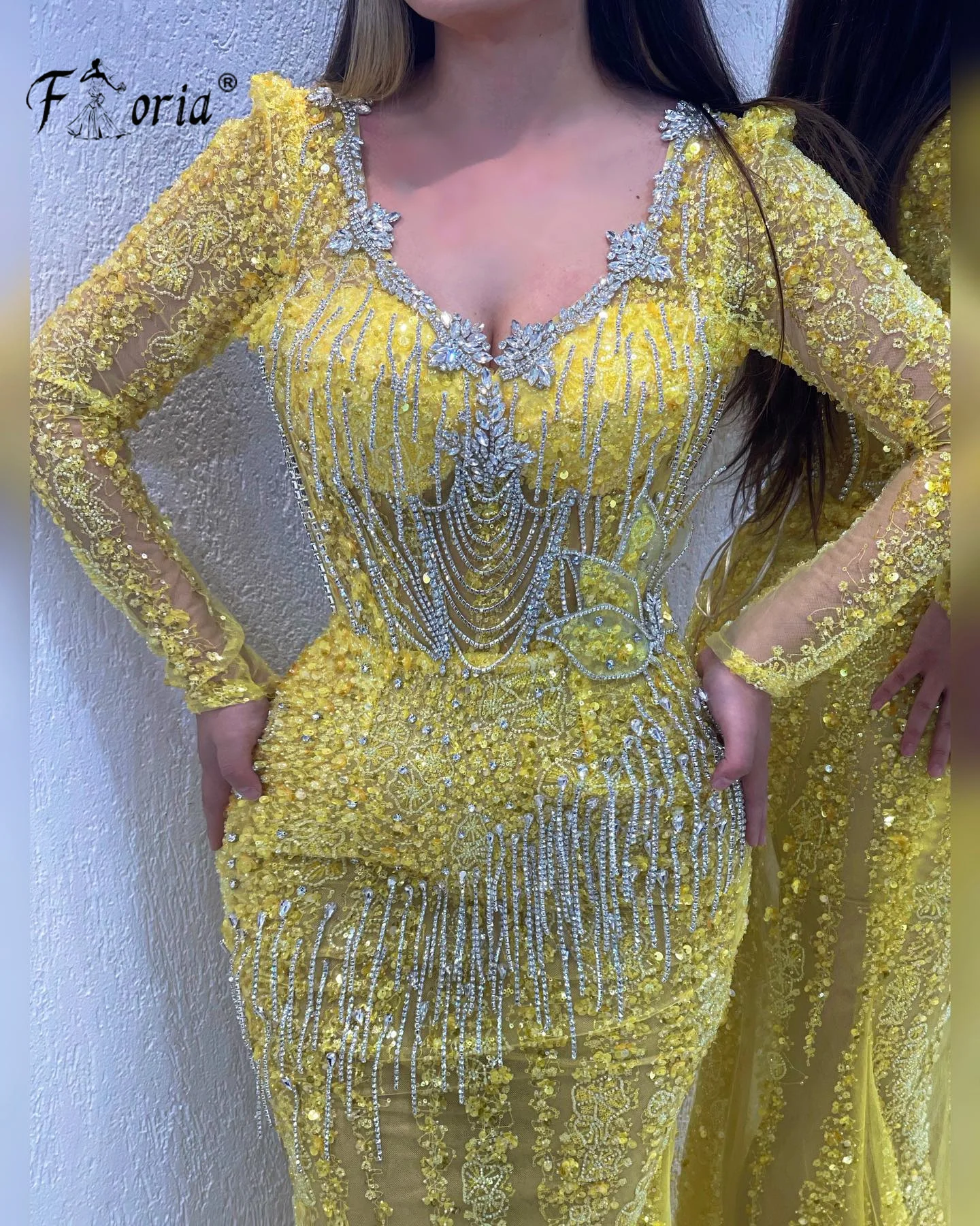 

Gorgeous Dubai Crystals Lace Mermaid Evening Dresses Beads Tassels Arabic Party Gowns Yellow Formal Prom Dress Robe De Soiree