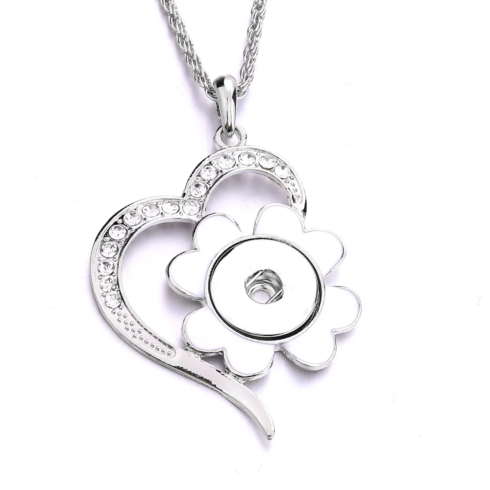 10pcs Metal Heart Crystal Flower Snap Button Necklace Fit 18MM Snap Buttons Jewelry Pendant Necklaces