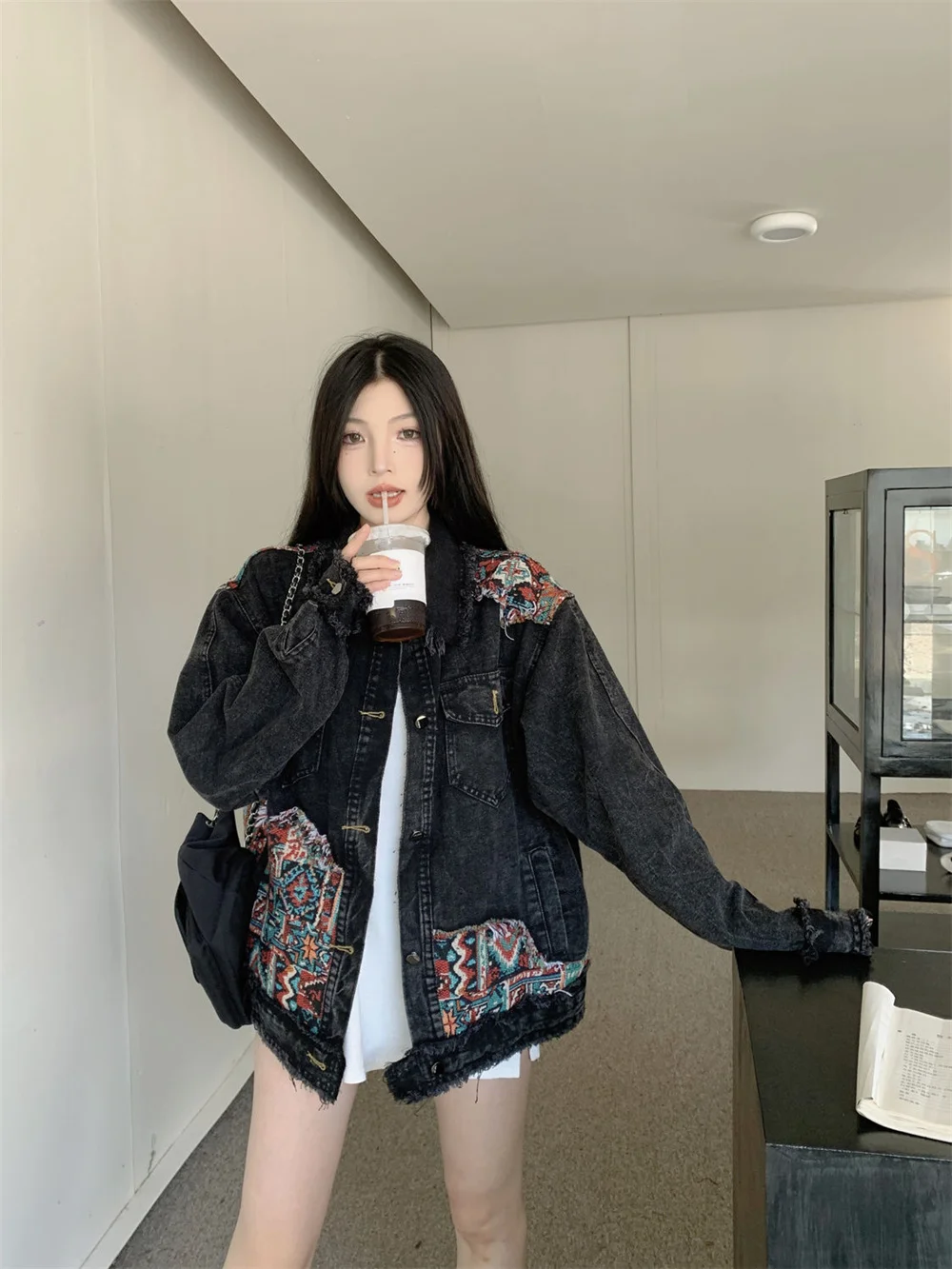 2024 Spring and Autumn New Loose American Retro Ethnic Style Spliced Washed Denim Coat Men's and Women's Fashion Coat