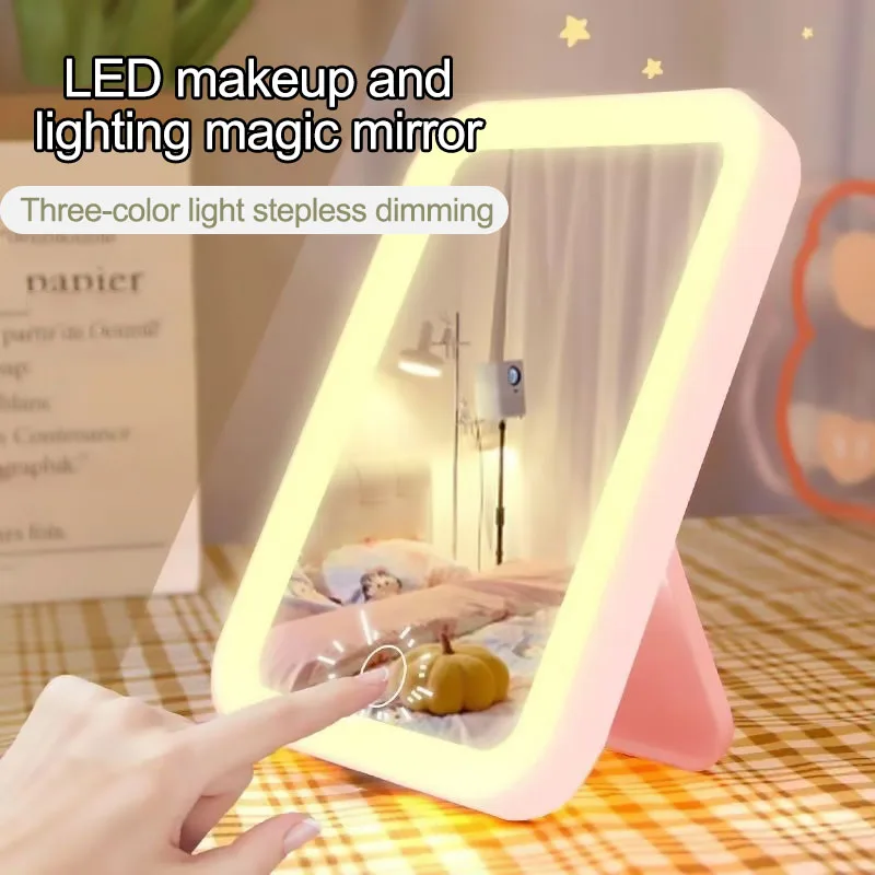 New 3 Colors LED Vanity Mirror Dimming Makeup Cosmetic Mirror with Lighting Portable USB Rechargeable HUAZJ16