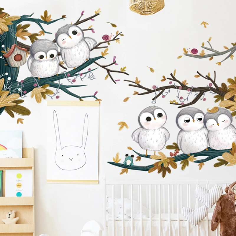 

Cartoon owls on branch sticker for living room bedroom decoration self adhesive wall decal