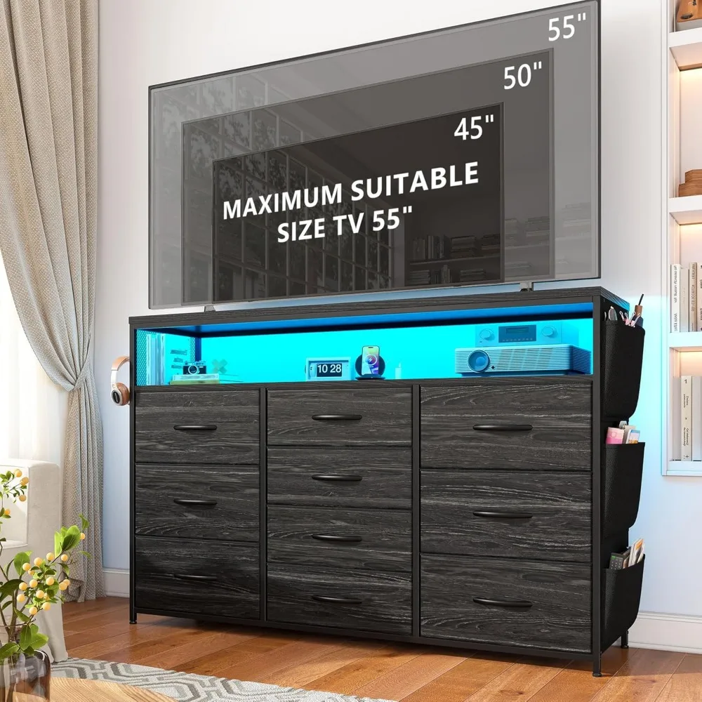 10 Drawer Dresser for Bedroom with Wood Open Shelves，55" TV Stand for Bedroom with Power Outlets and LED Lights，Fabric Dressers 5