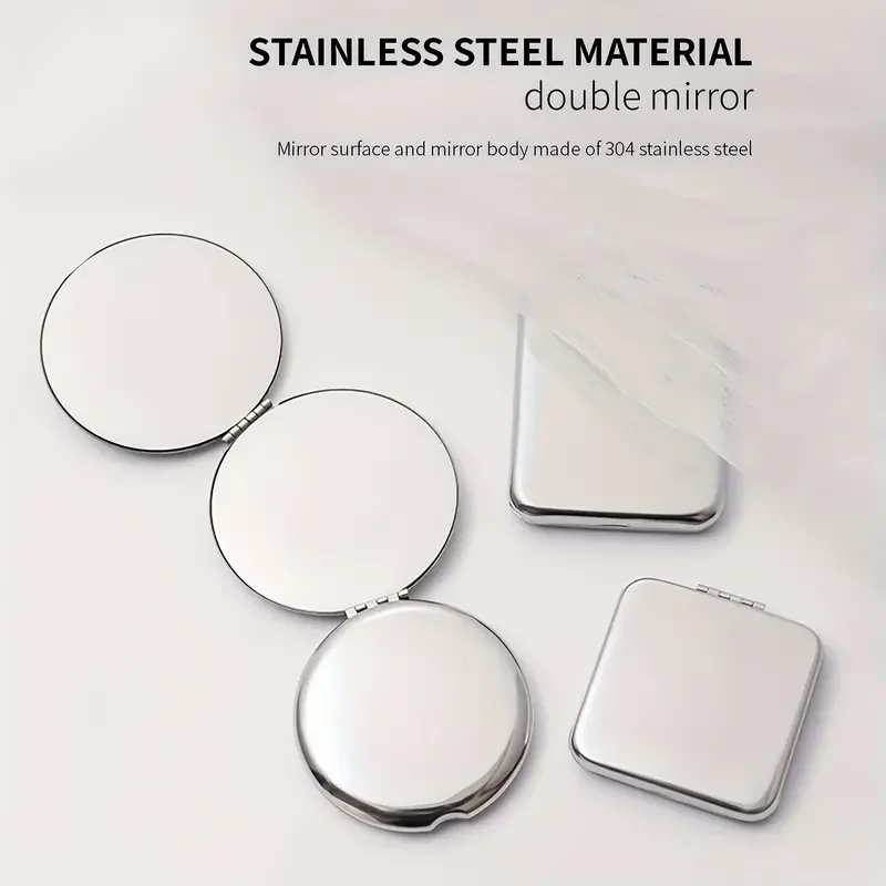 Makeup Mirror 1pc Stainless Steel Compact Makeup Mirror Small Travel Portable Cosmetic Touch-up Mirror Double Side Folding Beauty