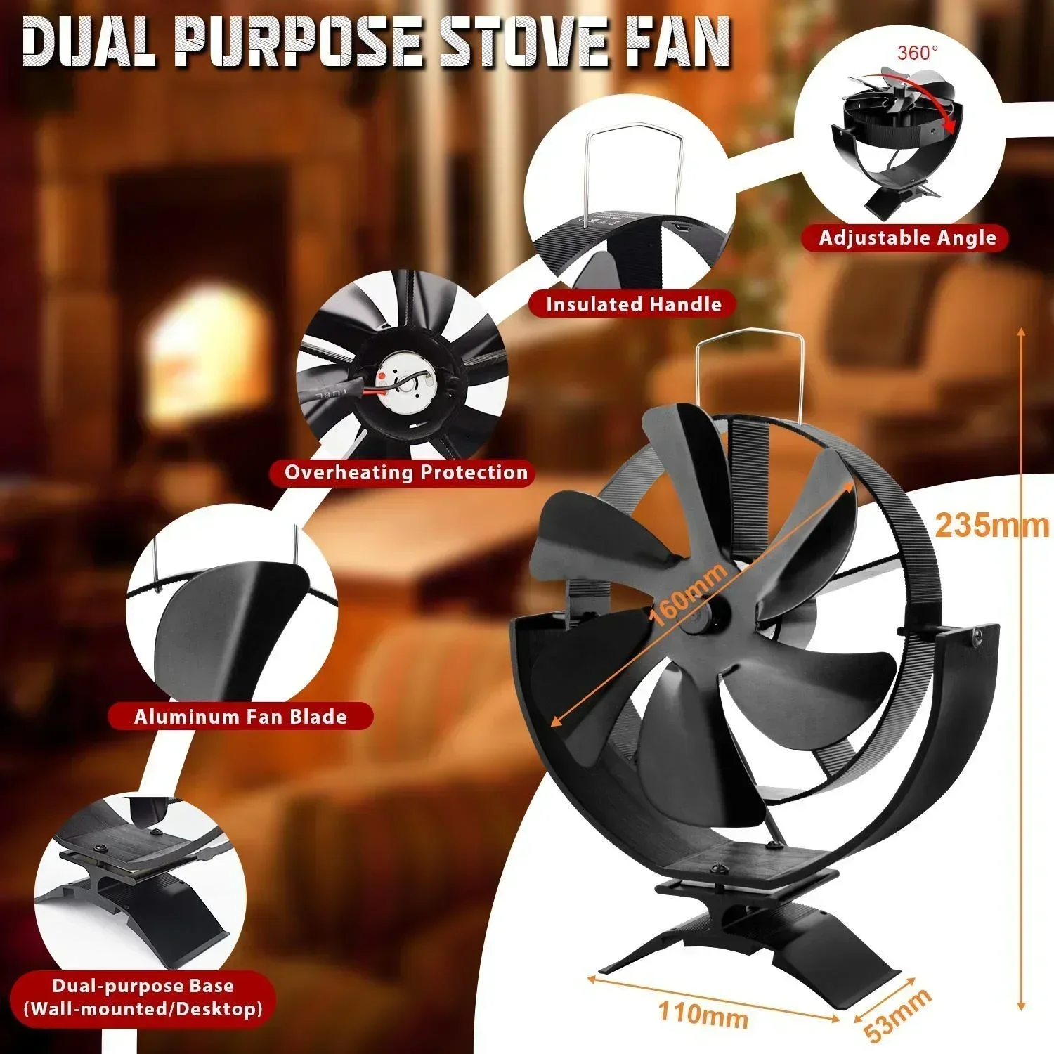 6 Blades Stove Fan Heat Powered Fireplace Fan 360&deg; Rotating for Home Winter