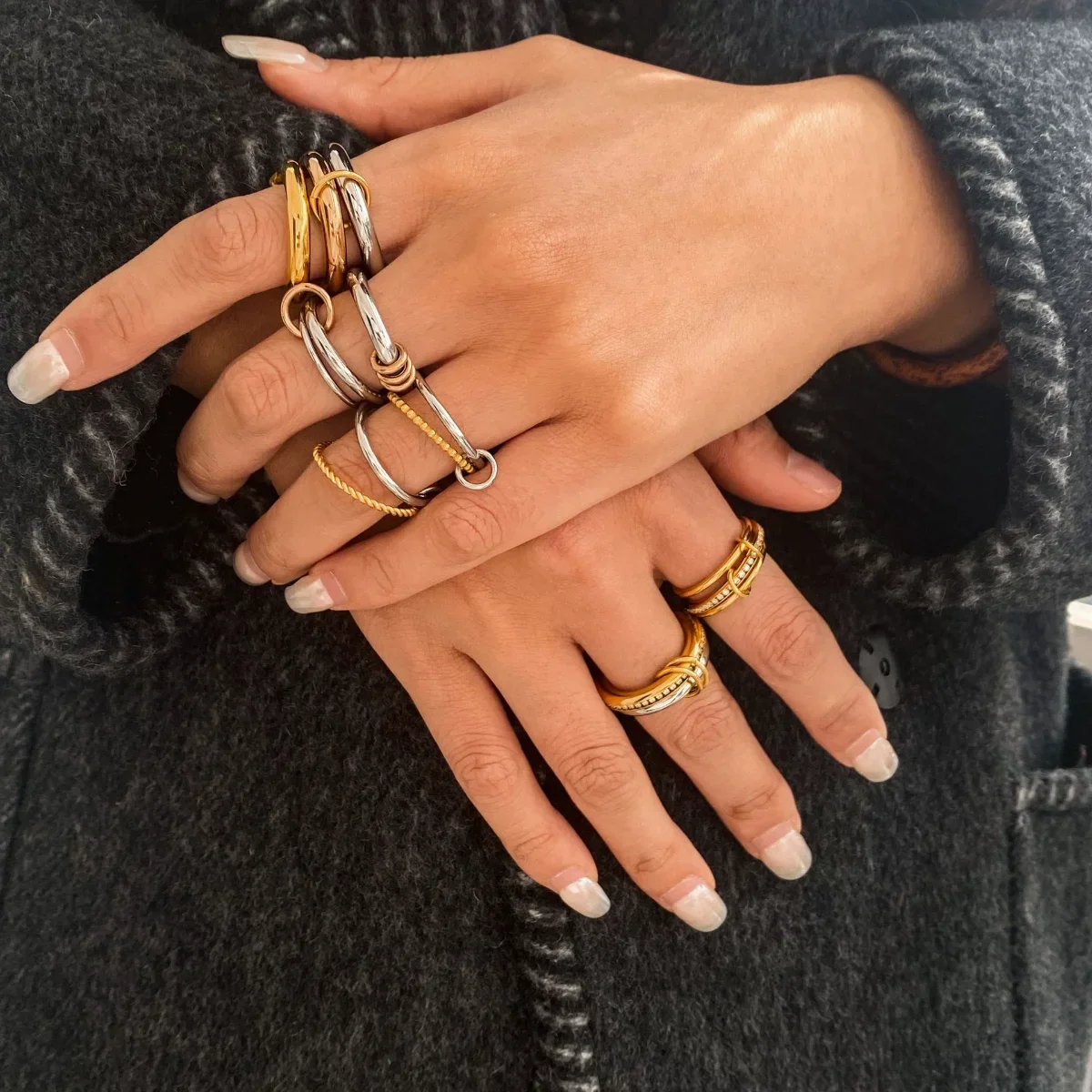 Finger Rings 316 Stainless Steel PVD Mixed Metals Multi Layered Shiny CZ Zircon Stackable Ring Set Non Tarnish Dainty Jewelry