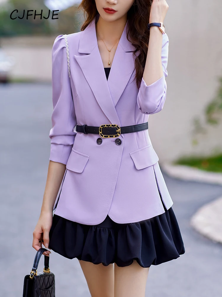 

CJFHJE Belt Two-Piece Women Outfits Black Bud Skirt Blazer French Elegant Notched Collar Long Sleeve Lace Patchwork Jacket Coat