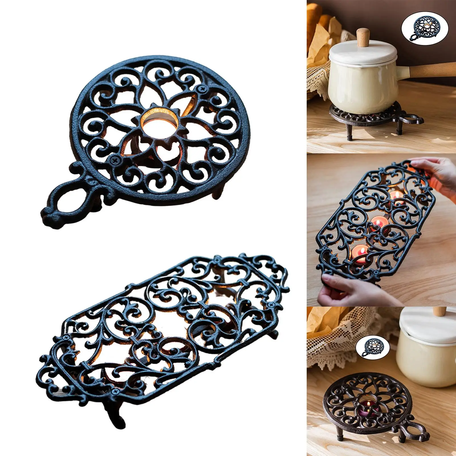 Vintage Cast Iron Tea Lite Food Dish Serving Warmer w/ Handles Round/Square