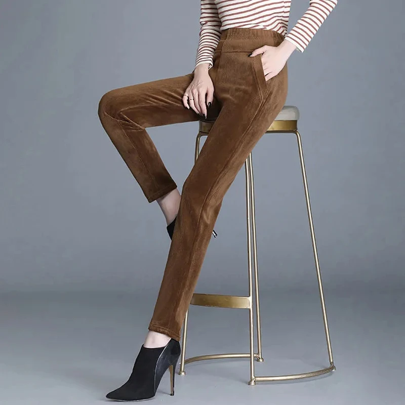 

Winter Warm Cashmere Trousers Vintage Slim Waist Add Velvet Lady Pants Casual Thickening Corduroy Straight Pants Women Y2k Pants