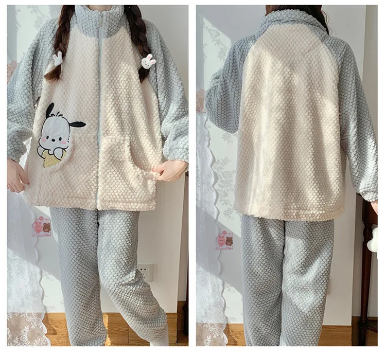 Pochacco Pajamas Kawaii Sanrio Cute Girl Coral Fleece Thicken Keep Warm Tracksuit Set