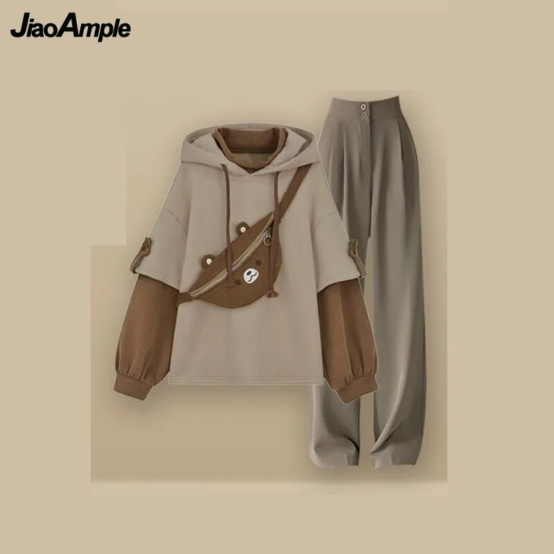 Women's Autumn Fashion Fake Two Piece Hoodie Sweater +Wide Leg Pants Suit Korean Elegant Tracksuit Female New Chic Matching Set