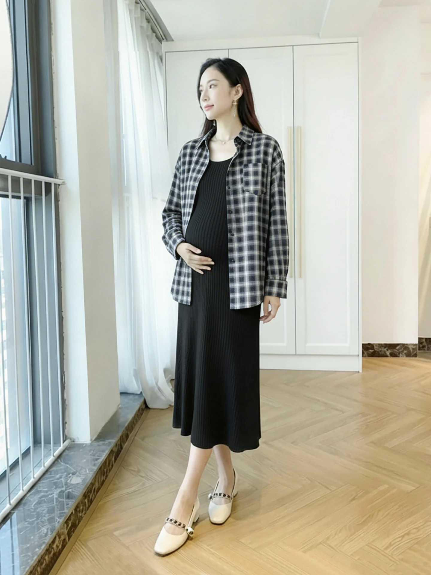 출산 복장 드레스 블랙 캐주얼 루즈 긴 소매 탑 체크 무늬 셔츠 여성 패션 봄 여름 신상품