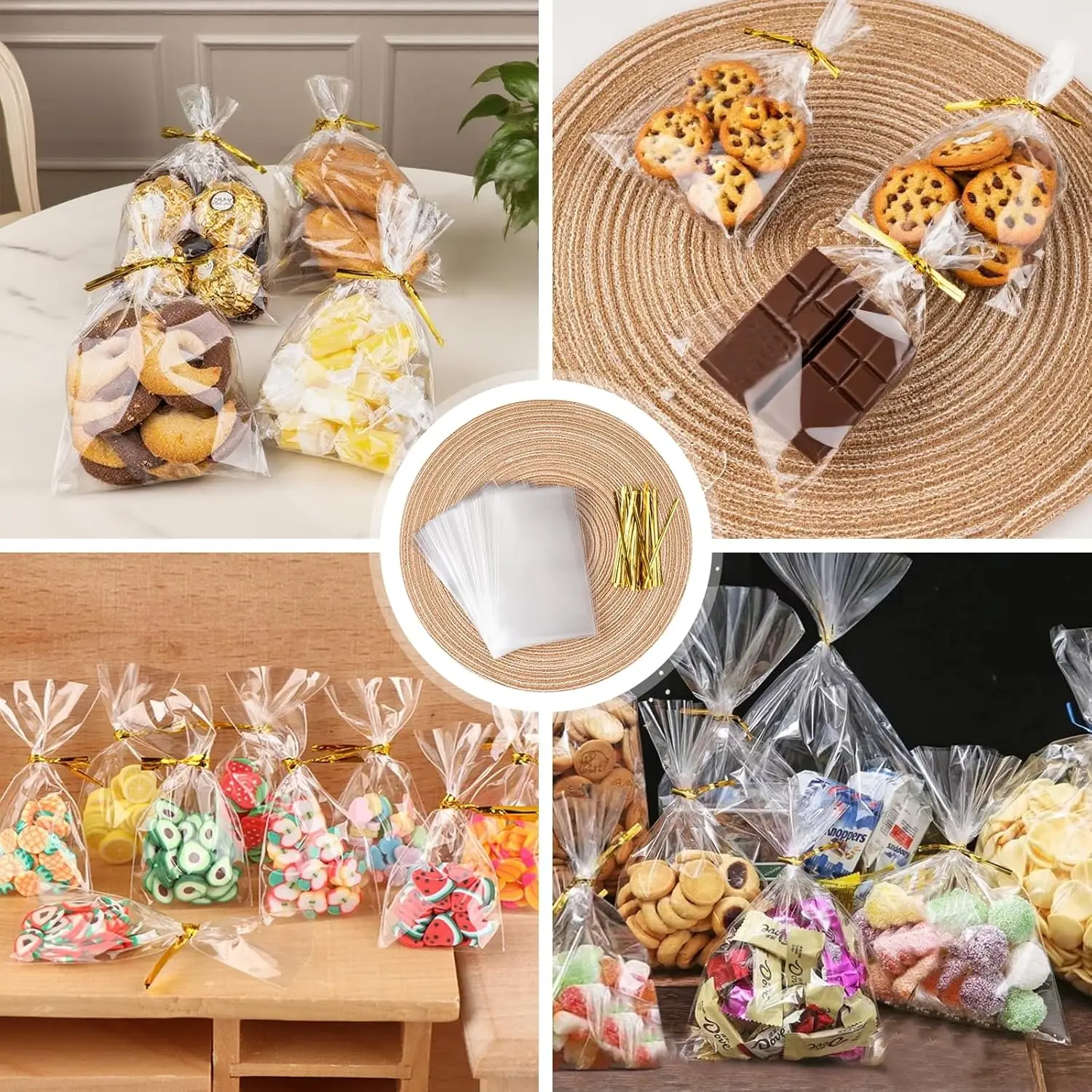 100 Pcs 4x6 Inch Clear Cellophane Bags with Color Twist Ties, Clear Plastic Goodie Cello Treat Candy Bags for Cookies, Popcorn