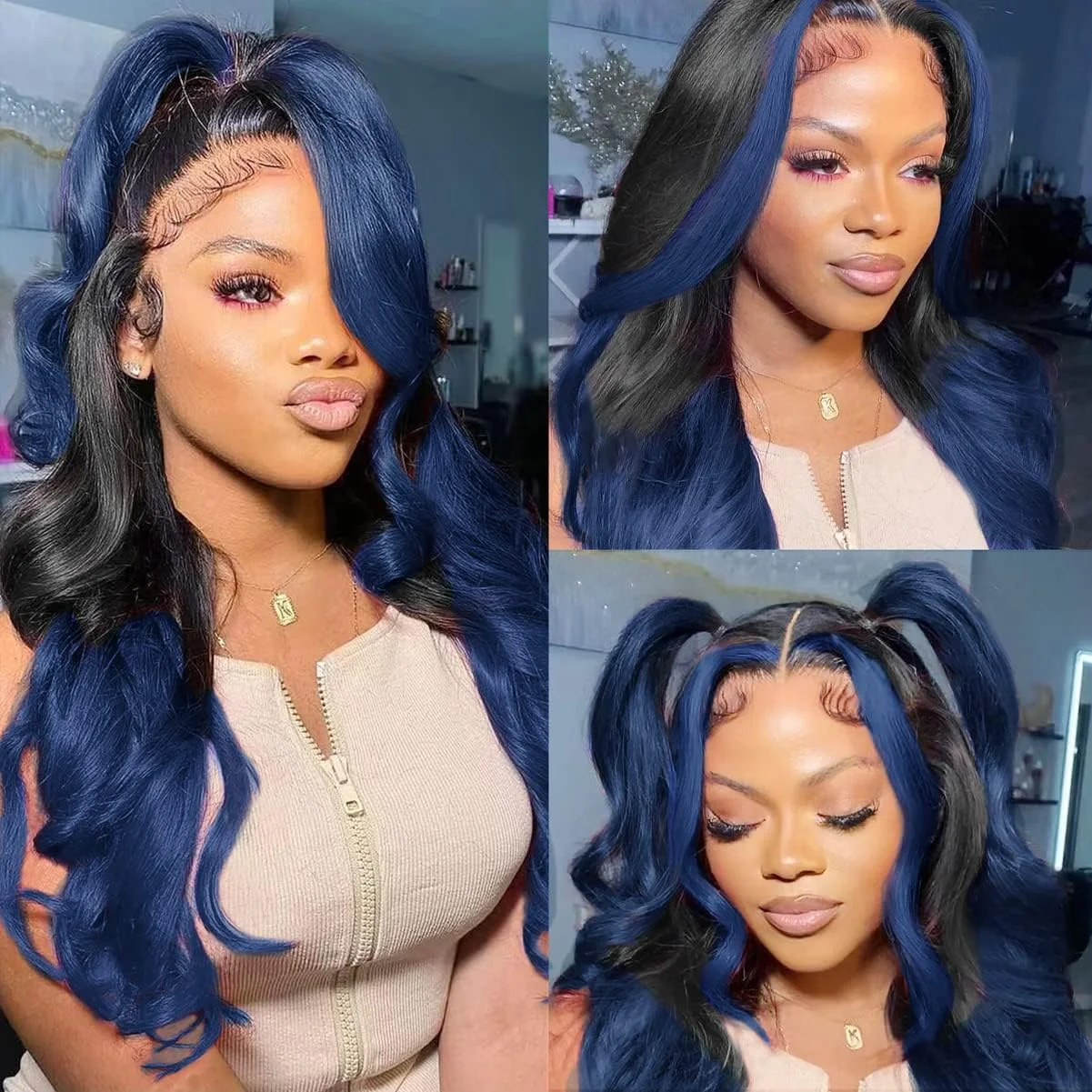 Ombre Blue Color 13x4 Lace Front Wig Dark Blue Highlight Body Wave Lace Front Wig Pre plucked With Baby Hair Heat Resistant Fibe