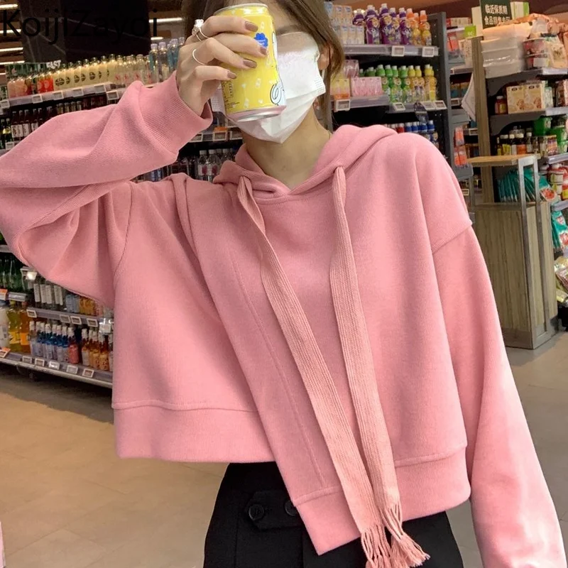 

Koijizayoi Irregular Women Hooded Sweatshirt Casual Loose Solid Pullover Cropped Fashion Spring Autumn Hoodies 2022 Ropa Mujer
