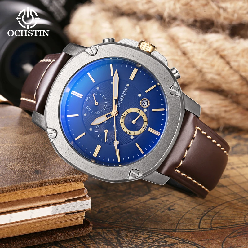 

OCHSTIN Pilot Series Multi-functional Quartz Watch Classic Fashion Men's Leather Strap Watch Cool Quartz Clock