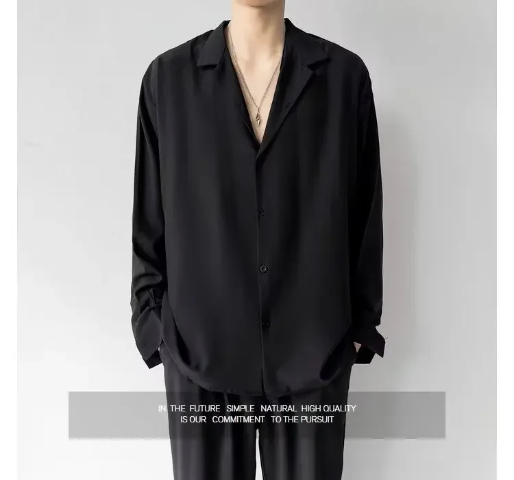 Koreanische Mode männer Hemd Frühling Sommer Neue Lose Beiläufige Lange ärmeln Revers High Street Männlichen Anzug Hemd Weiß schwarz Grau Grün – Detail 2