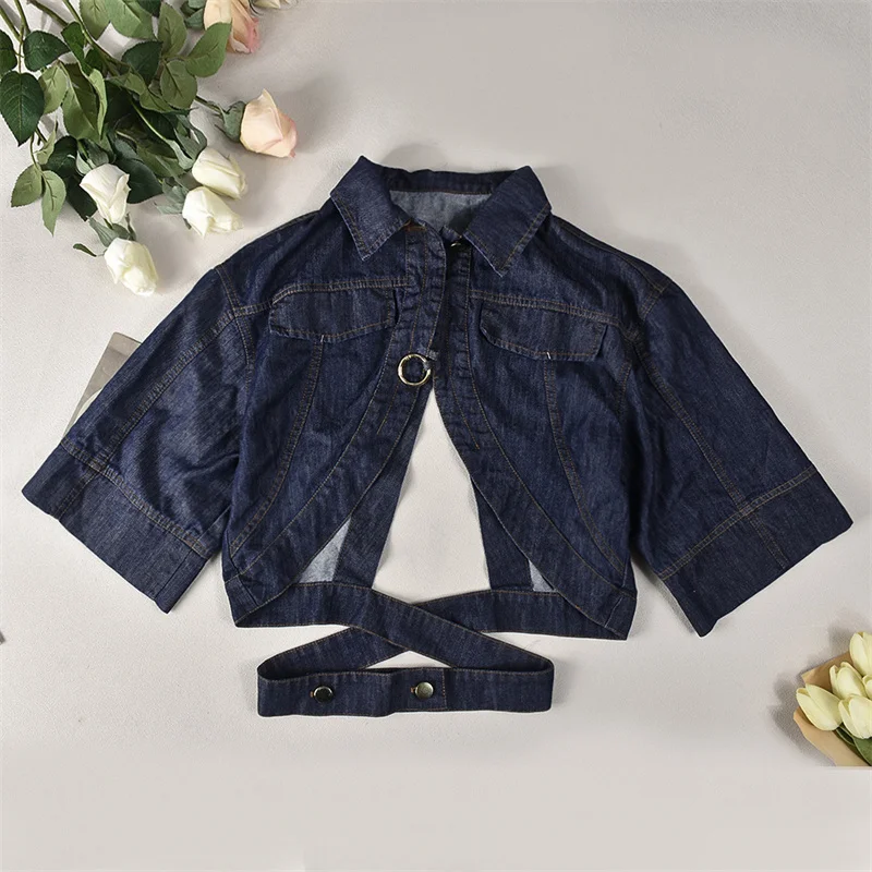 

Ladies European And American Hipster Street T-shirt Summer Blue Half Sleeve Creative Cotton Denim Top