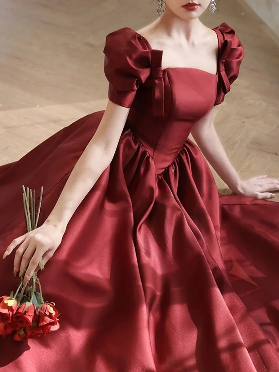 New wine short sleeve lady girl women princess prom evening performance party ball dress gown