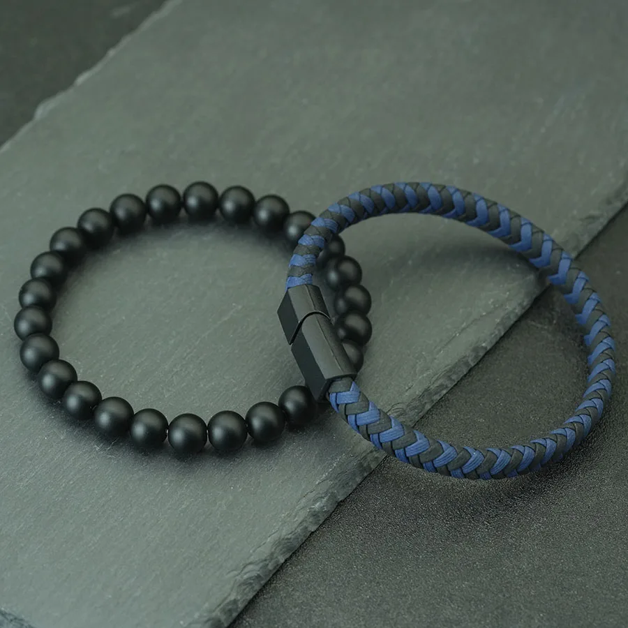 Onyx Stone Leather Men Bracelet Handmade