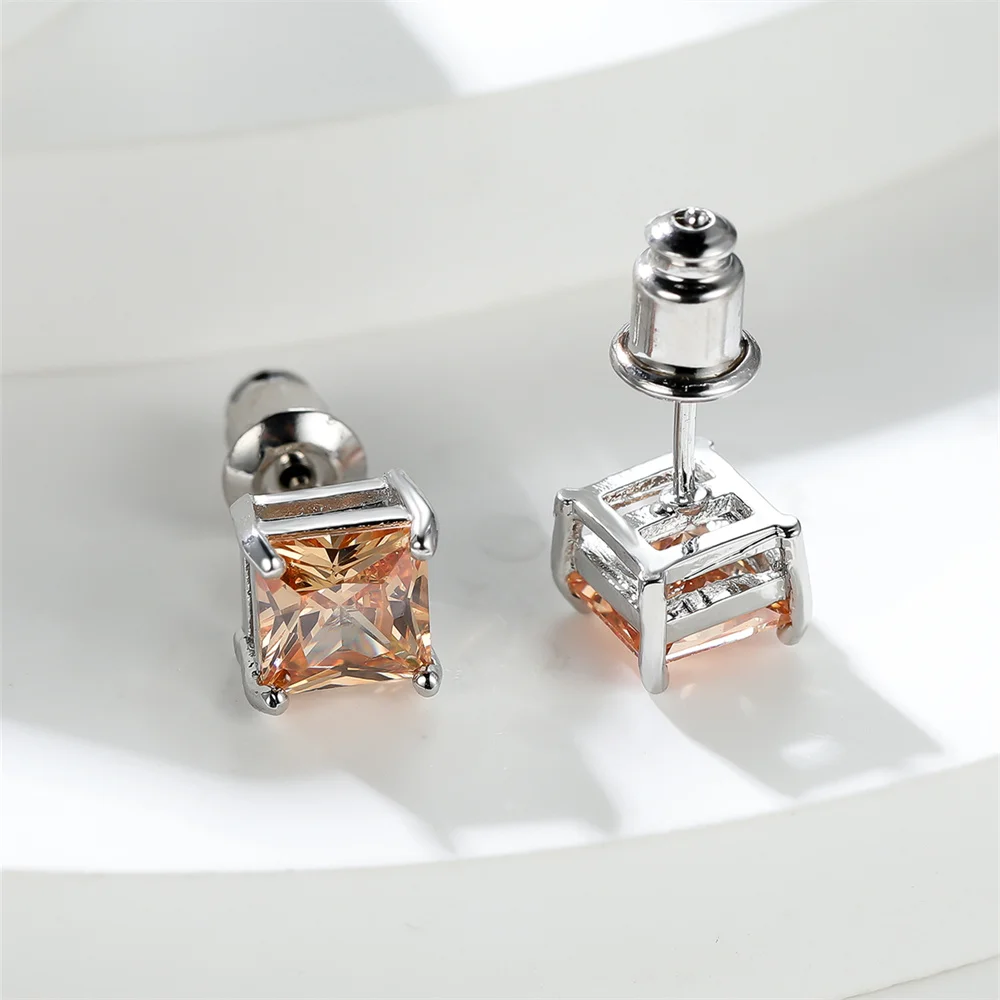 Champagne Crystal Square Zircon Stone Small Stud Earrings For Women Classic Silver Color Tiny Birthstone Jewelry Minimalist Gift