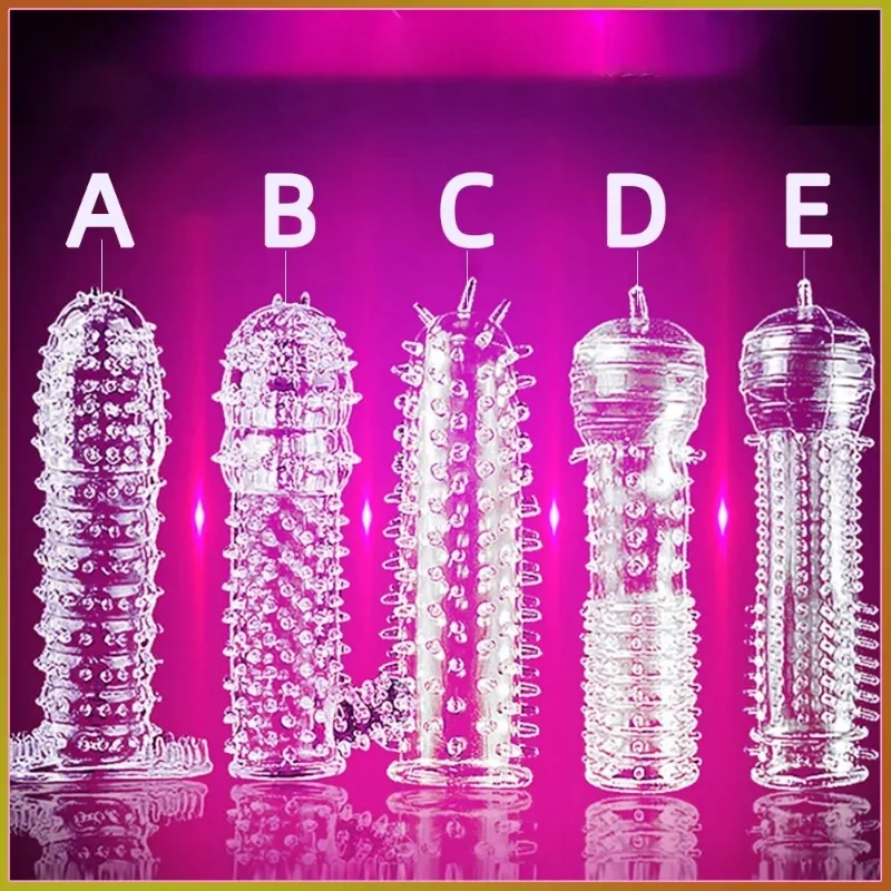 Penis Sleeve Condom Reusable Silicone 5 Types Time Delay Crystal Spike Braces Male Penis Extension Sleeves Cock Rings For Men