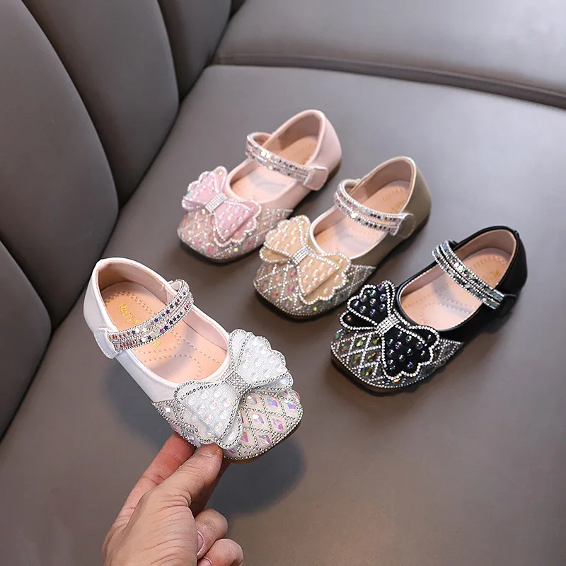 

Kids Leather Shoe Spring Autumn Rhinestone Bowtie Ballet Flats for Girls Fashion Sequins Strap Children Princess Shoes for Party