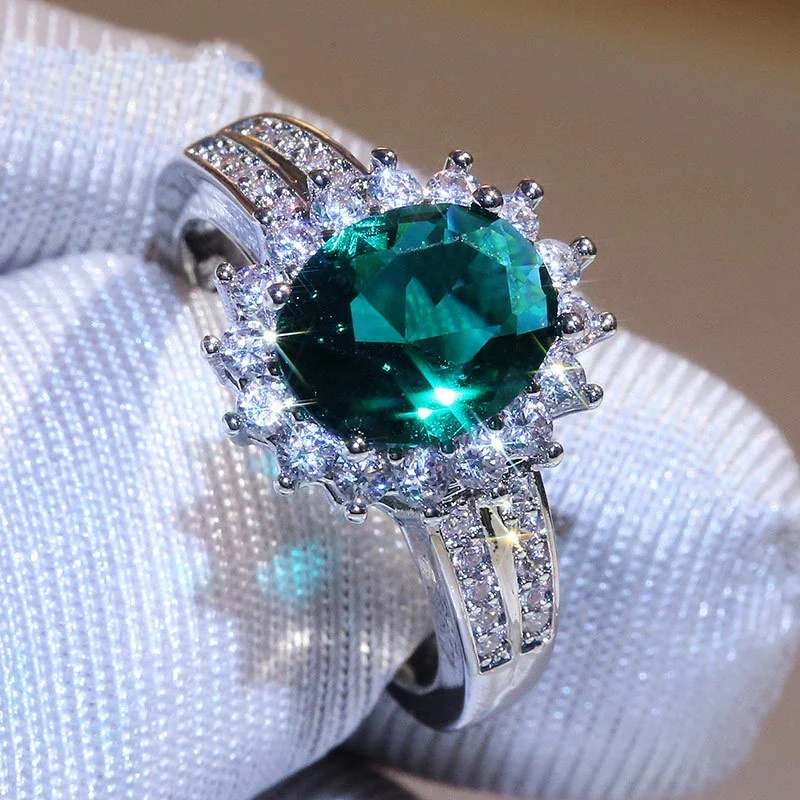 

Joiashome classic 925 Sterling Silver Ring with 8*10MM oval shape emerald Rings Jewellery for Women Wedding promise Party gifts