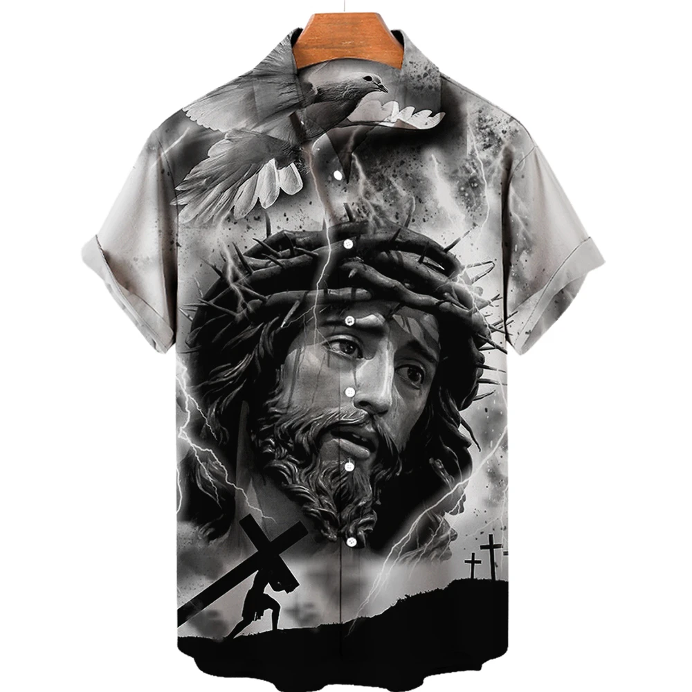thumbnail image 1 of Camisetas gráficas de Jesucristo para hombres, ropa con estampado 3D, camisas hawaianas de playa, camisetas de manga corta Y2K, ropa vintage, blusa con solapa, 1 of 5