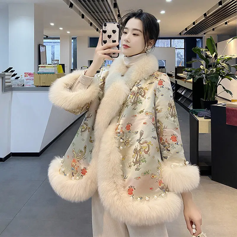 

New Fur Coat Women's Outerwear Imitation Fox Fur Jacket Chinese Style Nail Bead Tang Suit Cape Winter Clothing