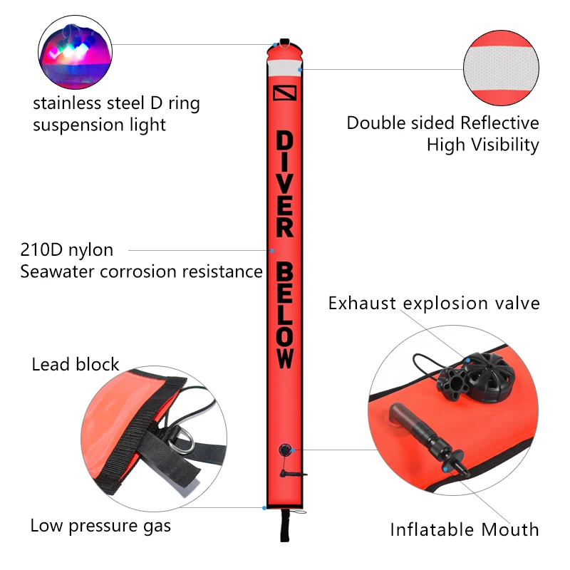 Scuba Diving Buoy 1.2m 1.5m 1.8m Inflatable Safety Sausage Float Set Aluminum Spool Finger Reel inflatable swim buoy