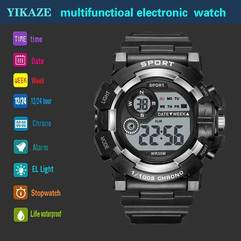YIKAZE Fashion Sports Watches for kids Men and Women LED Digital Watch Waterproof Luminous Alarm Clock Electronic Wristwatch view 4
