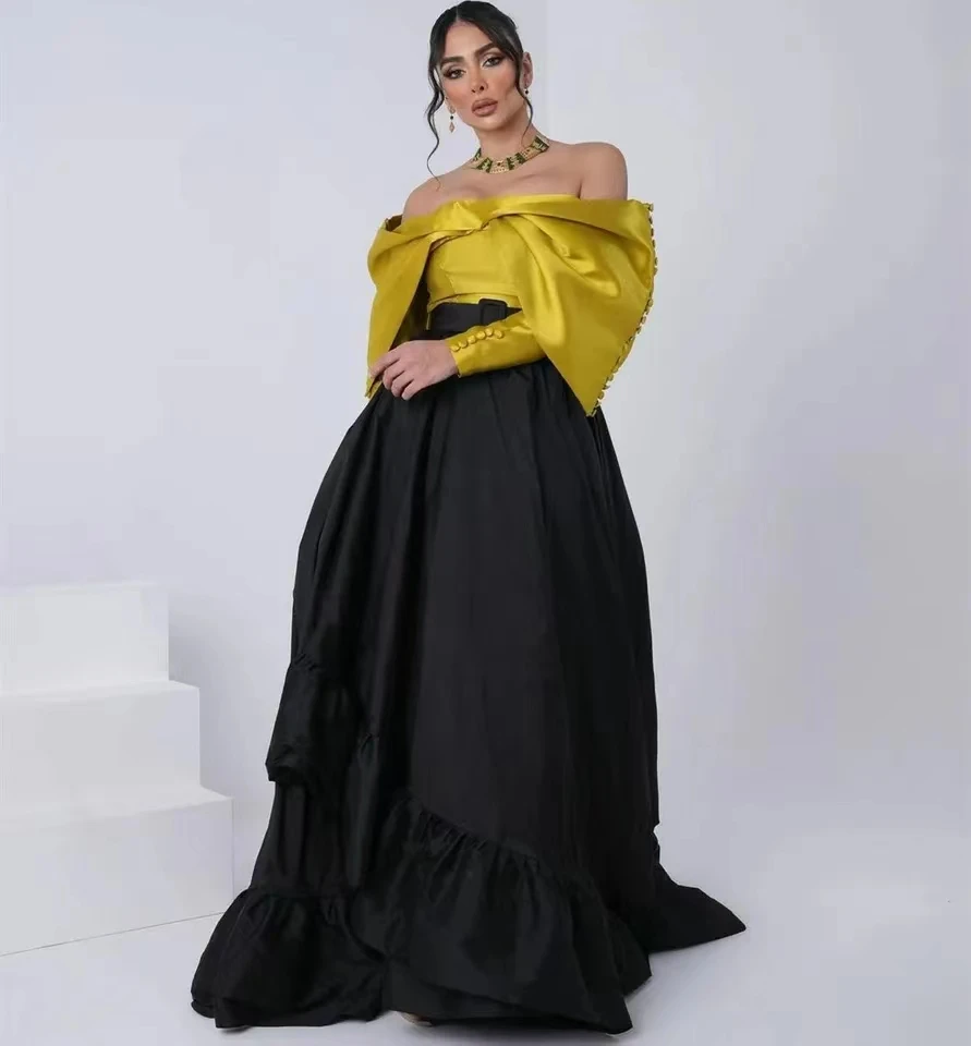 Daudi Saudi Arabia Long Sleeves Evening Gown Women Bateau Neck Buttons Prom Dresses Black A Line Saudi Arabia Vestidos De Noche koendye daudi saudi arabia prom dresses for woman saudi arabia long sleeves princess short puffy birthday party homecoming gown