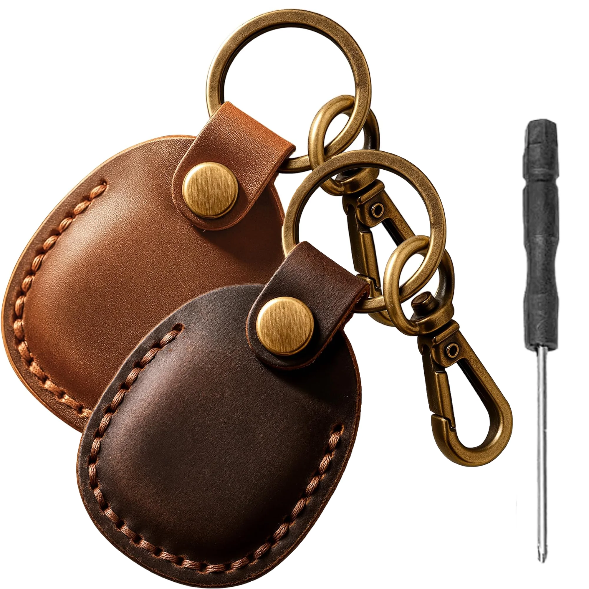 Paquete de 2/1 llavero AirTag de cuero genuino. Funda de llavero segura para bolsa de equipaje con cuello de mascota, llavero protector de cubierta completa