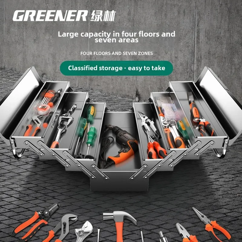 Heavy Duty Stainless Steel Toolbox with 3-Layer Folding and Carrying Handle - Industrial Grade for Home and Car 3