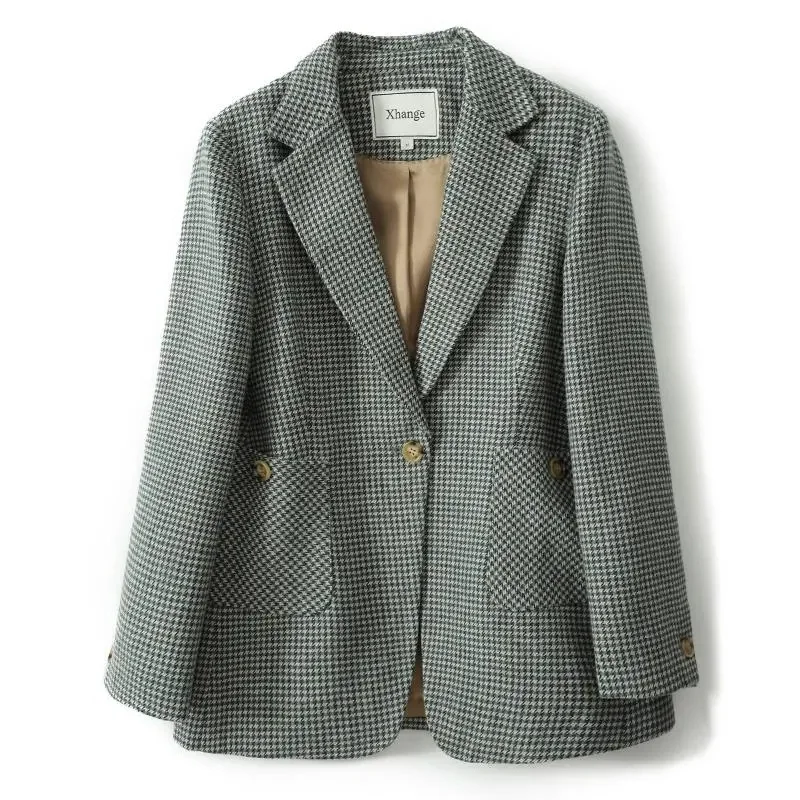 2024 New Houndstooth Suit Jacket Women Plaid Blazers Spring Autumn Casual Tops Female Coat Single Button Retro Woolen Outerwear women new suit 2021autumn winter woolen two piece splicing plaid jacket female wide leg pants casual fashion suit coat trenda715