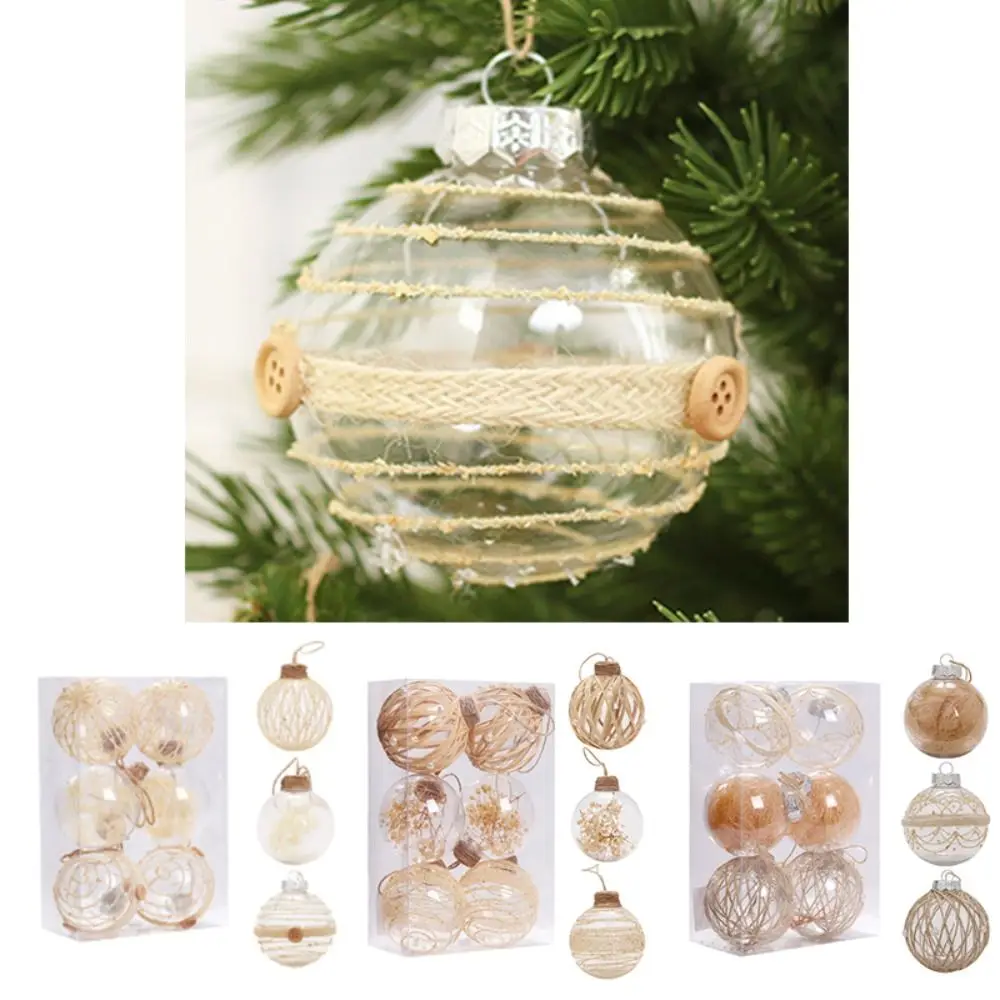 

6pcs Entwined with Linen Rope Christmas Ball Nordic Style PET Christmas Ornaments Transparent with Box Christma Tree Pendants