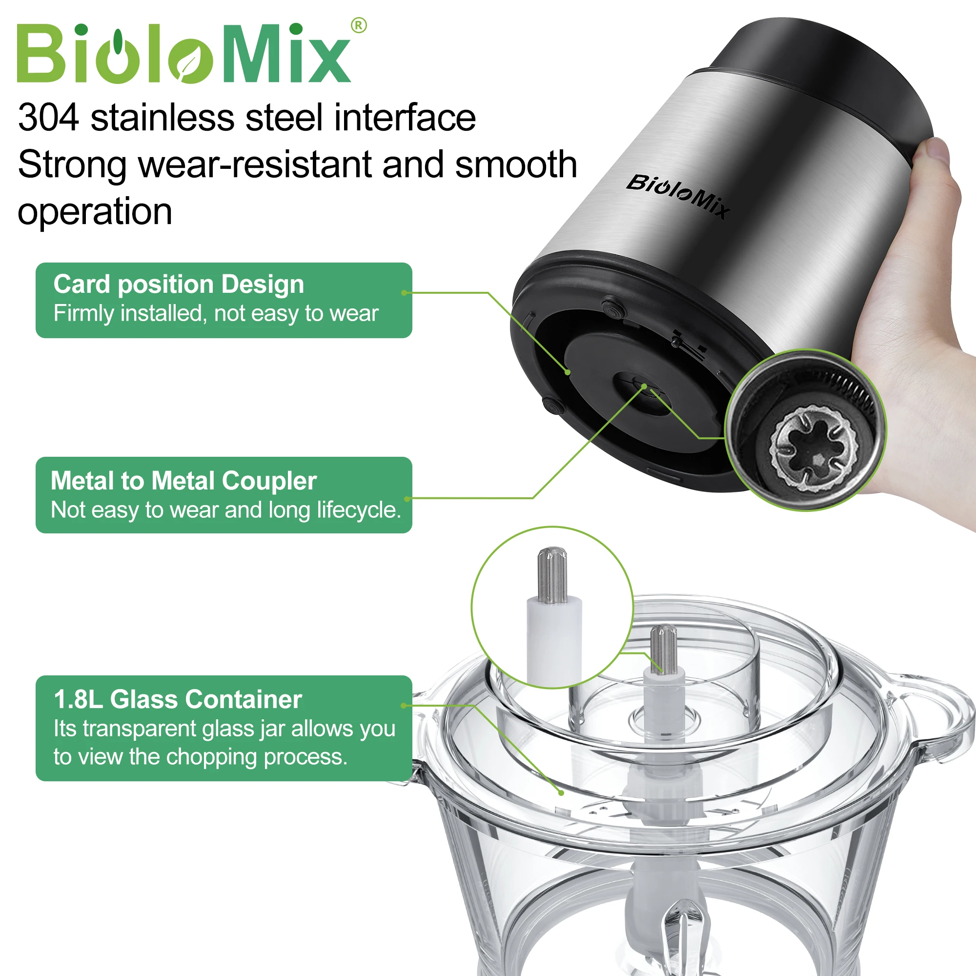 BioloMix 1.8L Glass Bowl Food Processor Chopper Two Speeds  Meat Grinder For Babyfood Vegetables Onion Garlic 5