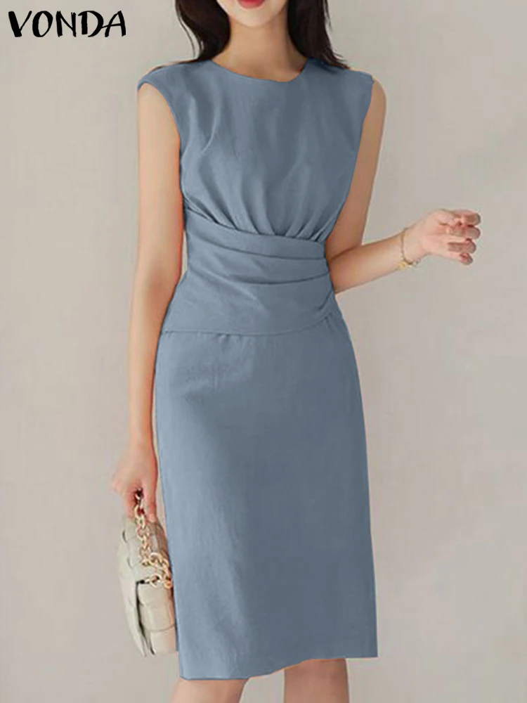

VONDA Oversized Party Midi Dress 2023 Women Elegant Sleeveless Solid Color Long Shirt Sundress Fashion Pleated Casual Vestidos