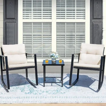 Patio Chairs 3 Piece Outdoor Bistro Sets Coffee Table and Cushions Frame Patio Furniture for Porch,White Garden Furniture Sets 2