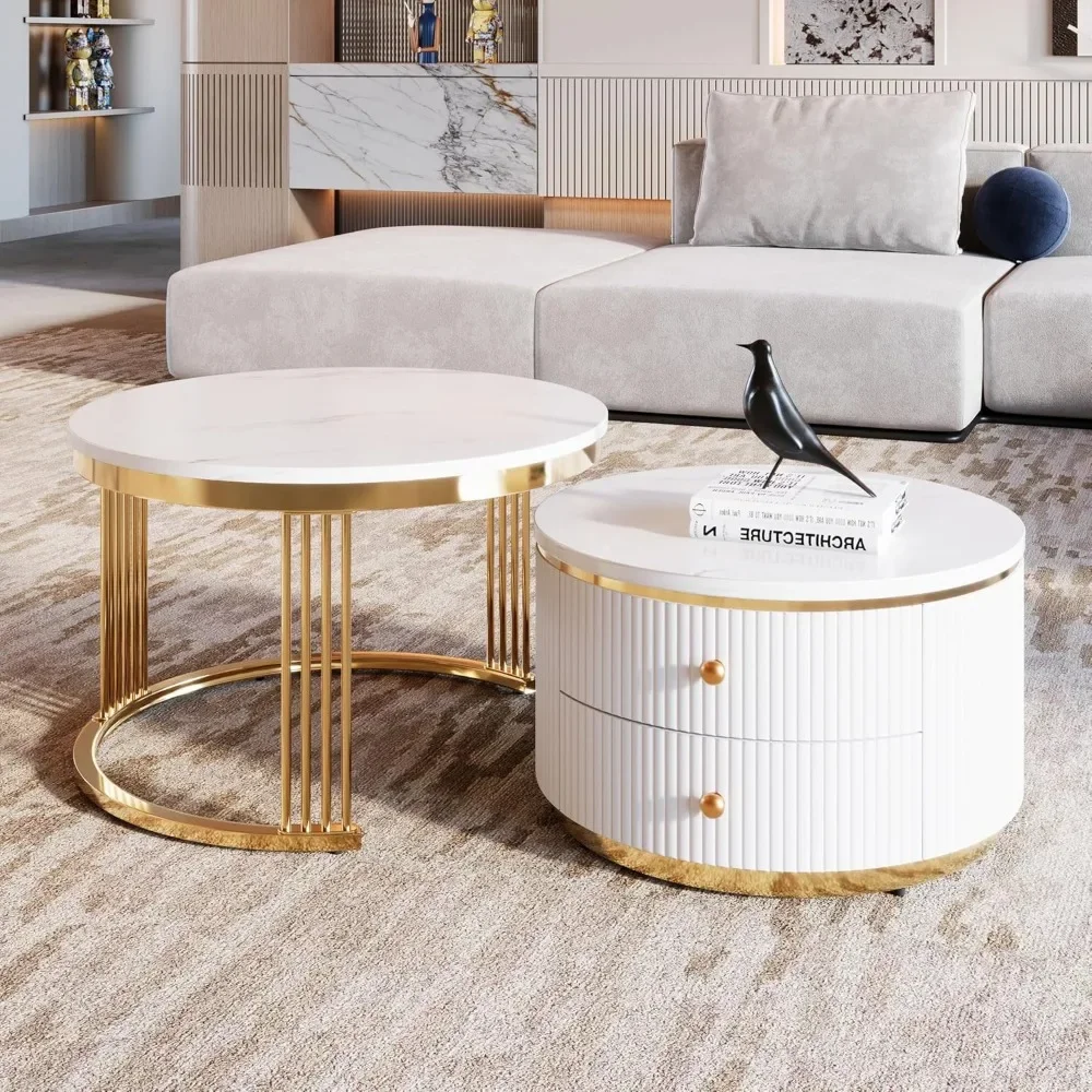 Modern 27.6-inch nested coffee table 2-piece set, circular coffee table with 2 drawers 5
