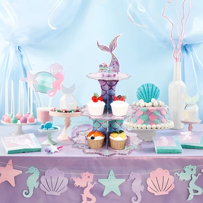 Description Picture 4 of item3Tier Mermaid Cake Stand Cupcake Holder Mermaid Birthday Party Decor Little Mermaid Baby Shower Under The Sea Party Supplies