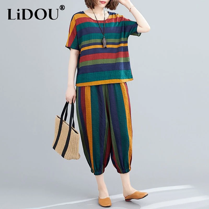 Summer Vintage Women's Set Round Neck Striped Harajuku Tops + Elastic Waist Casual Ankle Length Pants Fashion Fake Two Pieces